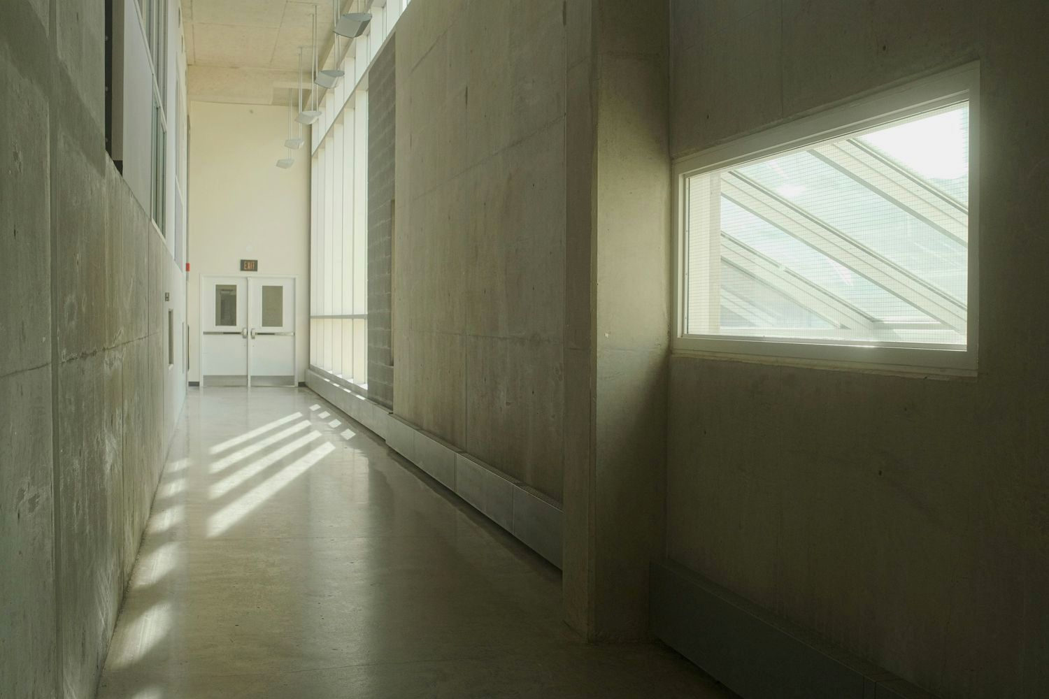 The corridor to the suite, daylight falling across the floor.